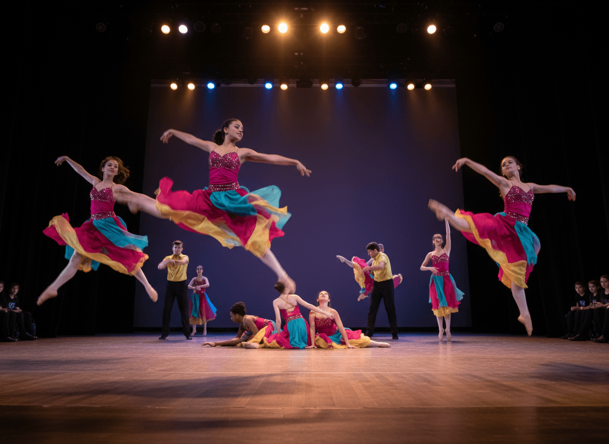 Students performing contemporary dance on stage
